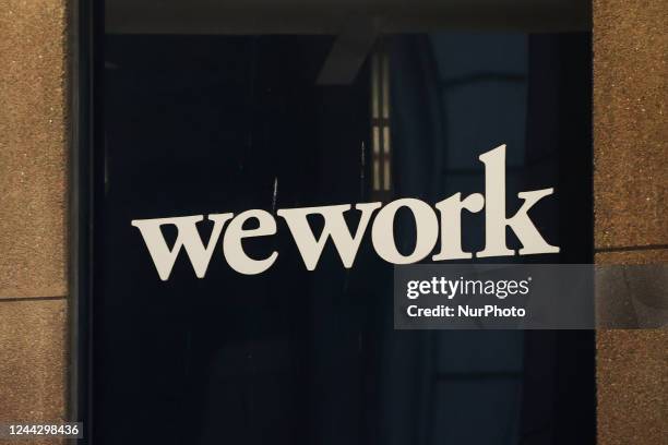 WeWork logo is seen on the building in New York City, United States on October 23, 2022.