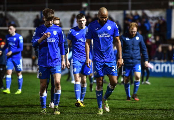 Donegal , Ireland - 28 October 2022; Finn Harps players, including Ethan Boyle, right, react after the SSE Airtricity League Premier Division match...