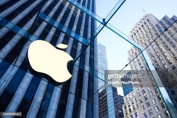 Apple logo is seen near the store in New York City, United States on October 22, 2022.