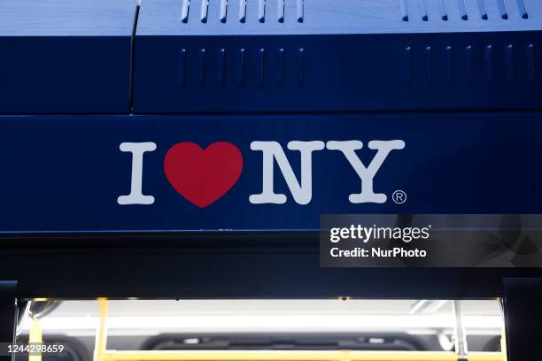 Love New York logo is seen on a bus in New York City, United States on October 22, 2022.