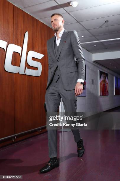 Kristaps Porzingis of the Washington Wizards arrives to the arena before the game against the Indiana Pacers on October 28, 2022 at Capital One Arena...