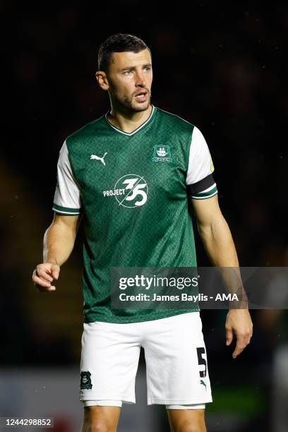 James Wilson of Plymouth Argyle during the Sky Bet League One between Plymouth Argyle and Shrewsbury Town at Home Park Stadium on October 25, 2022 in...