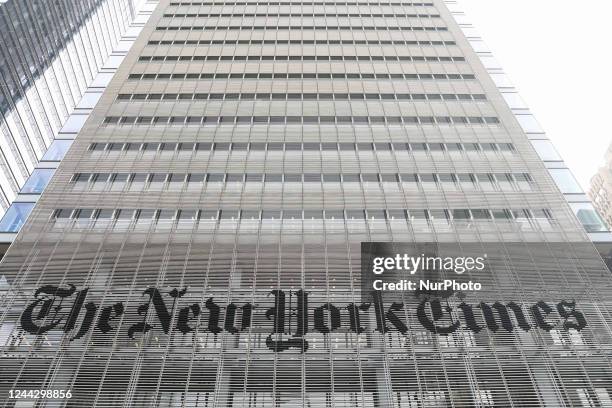 The New York Times logo is seen on the building in New York City, United States on October 27, 2022.