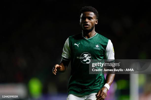 Bali Mumba of Plymouth Argyle during the Sky Bet League One between Plymouth Argyle and Shrewsbury Town at Home Park Stadium on October 25, 2022 in...