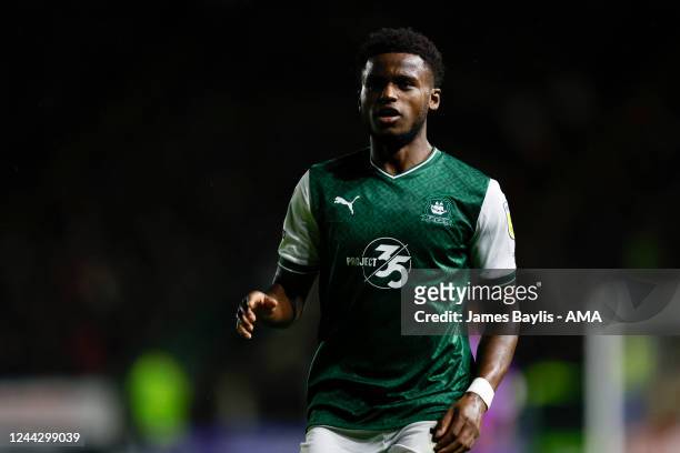 Bali Mumba of Plymouth Argyle during the Sky Bet League One between Plymouth Argyle and Shrewsbury Town at Home Park Stadium on October 25, 2022 in...
