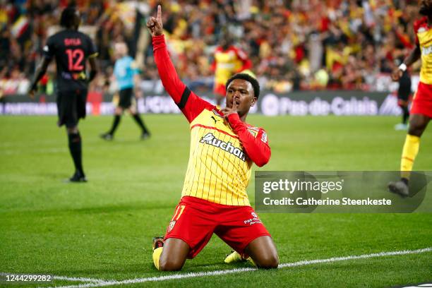 Lois Openda of RC Lens celebrates his goal during the Ligue 1 match between RC Lens and Toulouse FC at Stade Bollaert-Delelis on October 28, 2022 in...