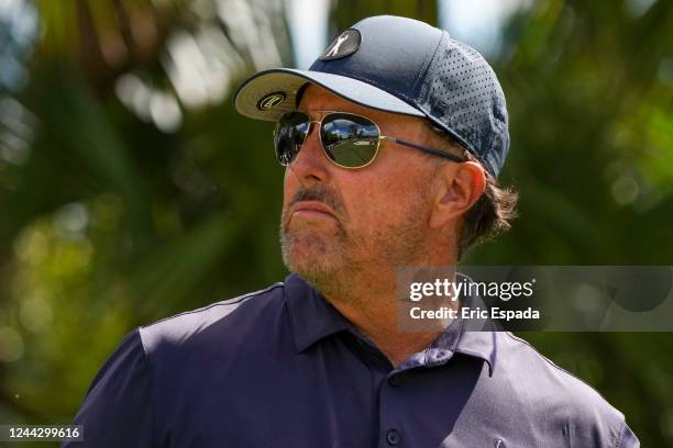 Team Captain Phil Mickelson of Hy Flyers GC looks on after playing his shot from the 11th tee during the quarterfinals of the LIV Golf Invitational -...