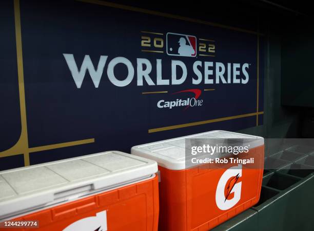Detail shot of the World Series logo in the back of the dugout before Game 1 of the 2022 World Series between the Philadelphia Phillies and the...