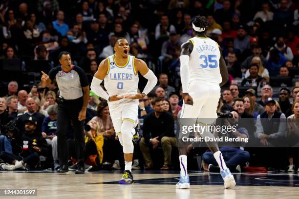 Russell Westbrook of the Los Angeles Lakers celebrates his basket against the Minnesota Timberwolves in the second quarter of the game at Target...