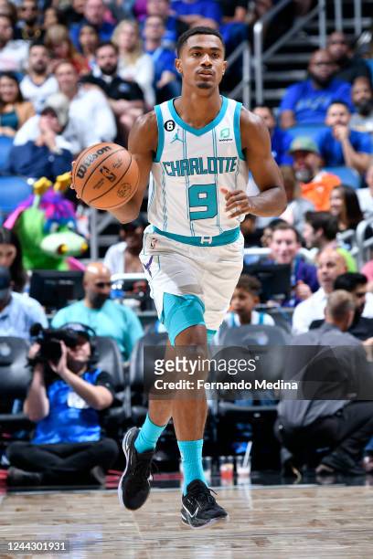 Theo Maledon of the Charlotte Hornets dribbles the ball during the game against the Orlando Magic on October 28, 2022 at Amway Center in Orlando,...
