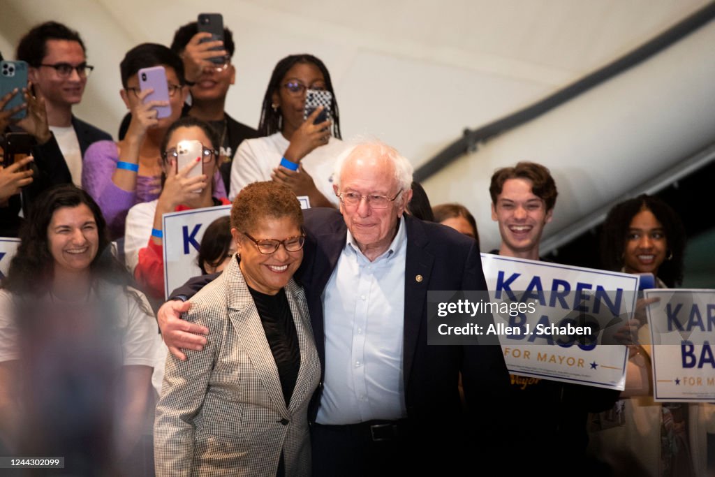 Senator Bernie Sanders speaks during a rally to support Karen Bass for Mayor