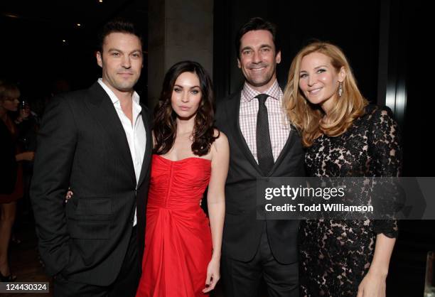 Actors Brian Austin Green, Megan Fox, Jon Hamm and director/actress Jennifer Westfeldt attend Toast The Cast Of "Friends With Kids" reception, hosted...