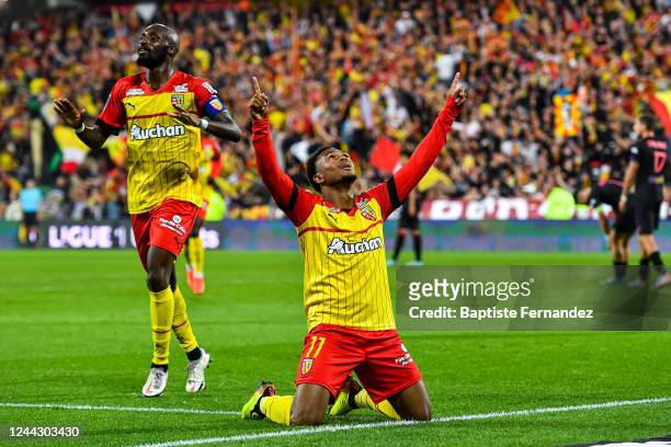 Lois OPENDA of Lens celebrates his goal during the French Ligue 1 Uber Eats soccer match between Lens and Toulouse at Stade Bollaert-Delelis on...