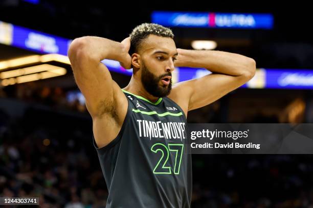 Rudy Gobert of the Minnesota Timberwolves reacts to a call on the court in the fourth quarter of the game against the Los Angeles Lakers at Target...