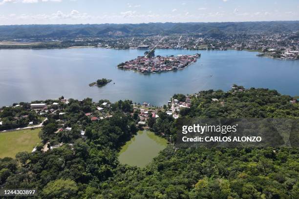 Aerial view of Tayasal archaeological site, in the municipality of Flores, Peten Department, 500 km north of Guatemala City, on October 28, 2022. -...