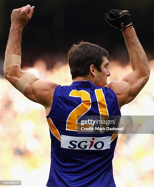 Quinten Lynch of the Eagles celebrates a goal during the AFL First Qualifying match between the Collingwood Magpies and the West Coast Eagles at...