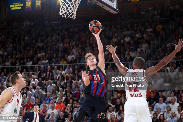 Rokas Jokubaitis and Devon Hall during the match between FC Barcelona and Emporio Armani Milan, corresponding to the week 5 of the Euroleague, played...