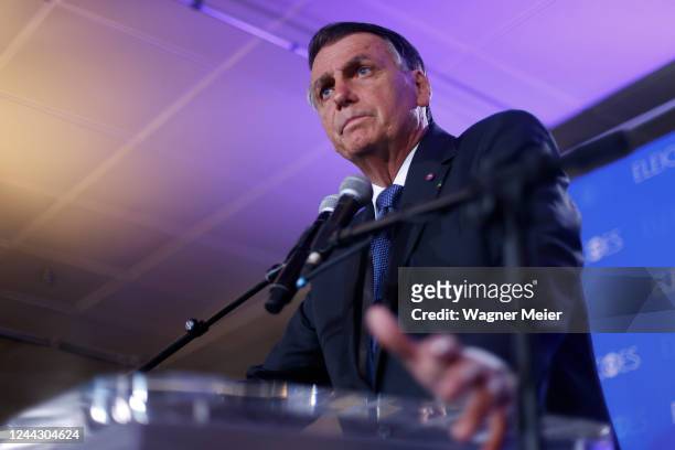 Incumbent and presidential candidate for a second term Jair Bolsonaro of Liberal Party speaks during a press conference after the debate organized by...