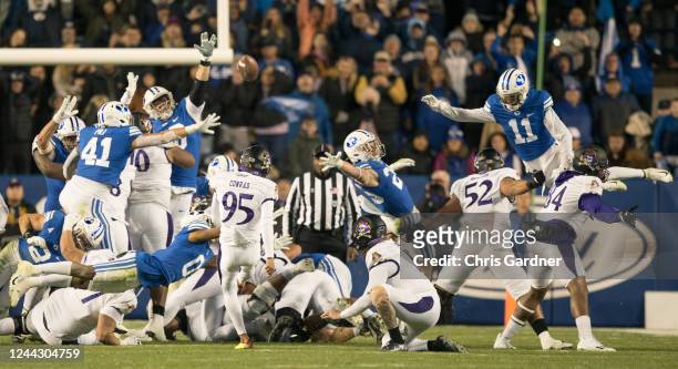 Andrew Conrad of the East Carolina Pirates kicks the game winning field goal against the Brigham Young Cougars during the second half of their game...