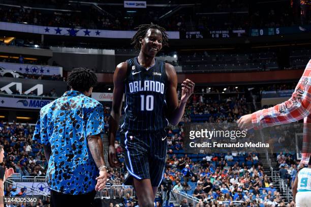 Bol Bol of the Orlando Magic smiles during the game against the Charlotte Hornets on October 28, 2022 at Amway Center in Orlando, Florida. NOTE TO...