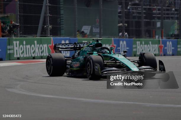 An Aston Martin single-seater during the First Grand Prix Practice Session at the Autódromo Hermanos Rodríguez in Mexico City, which will take place...