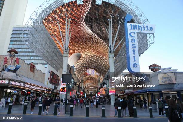Special signage for NHRA Nevada Nationals on the Fremont Street Experience canopy during the NHRA Fan Fest event on October 27, 2022 at the Fremont...