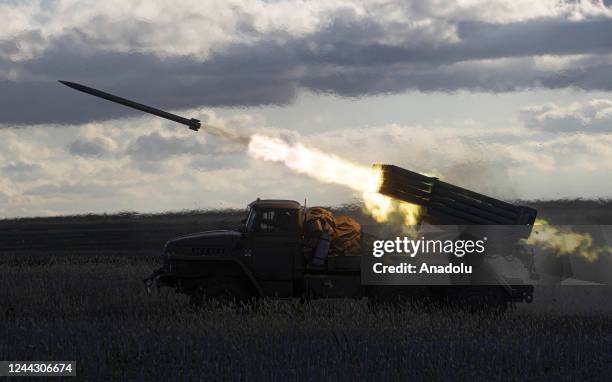 Russian targets are hit by grad rockets of Grad Rocket Company of the 53rd Mechanized Brigade of the Ukrainian Military forces in Bakhmut, Donetsk...
