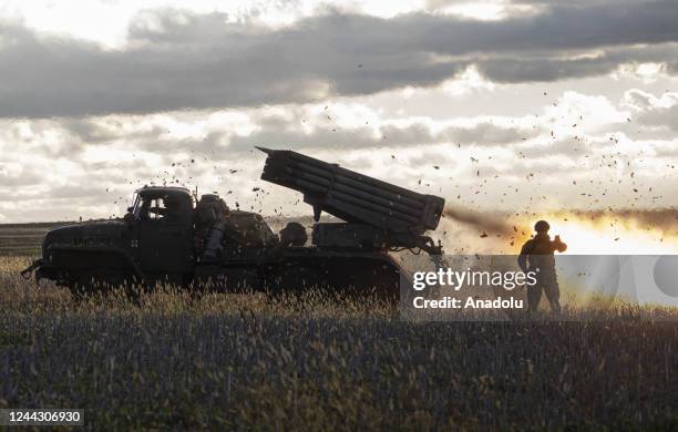 Russian targets are hit by grad rockets of Grad Rocket Company of the 53rd Mechanized Brigade of the Ukrainian Military forces in Bakhmut, Donetsk...