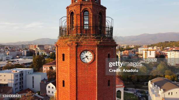 An aerial view of Ottoman Era Clock Tower, which is a one of the symbol of Skopje, North Macedonia on October 28, 2022. The Clock Tower is the first...
