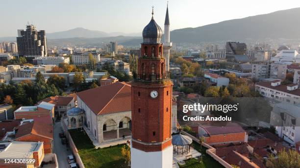 An aerial view of Ottoman Era Clock Tower, which is a one of the symbol of Skopje, North Macedonia on October 28, 2022. The Clock Tower is the first...