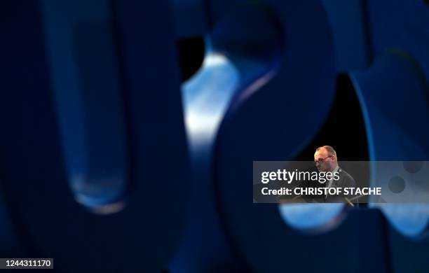 Germany's Christian Democratic Union CDU leader Friedrich Merz delivers a speech during the Conservative Bavarian CSU Party Congress in Augsburg,...