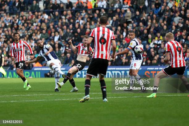 Matt Phillips of West Bromwich Albion shoots from distance and wins a corner kick during the Sky Bet Championship between West Bromwich Albion and...