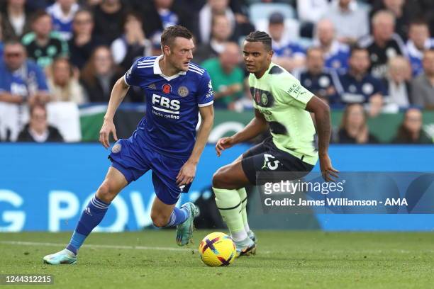Jamie Vardy of Leicester City and Manuel Akanji of Manchester City during the Premier League match between Leicester City and Manchester City at The...