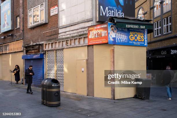 Closed down retail spaces in Leicester Square on 13th October 2022 in London, United Kingdom. Things have been difficult for small businesses over...