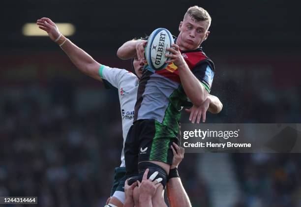 Jack Kenningham of Harlequins wins a lineout during the Gallagher Premiership Rugby match between Harlequins and London Irish at Twickenham Stoop on...