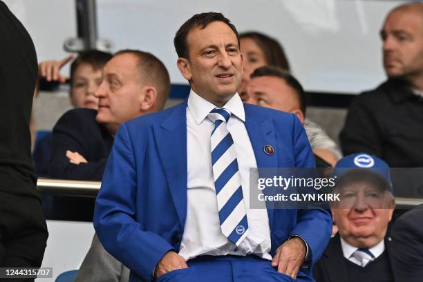 Brighton's chairman Tony Bloom looks on ahead of the English Premier League football match between Brighton and Hove Albion and Chelsea at the...