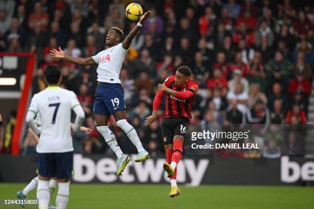 Tottenham Hotspur's English midfielder Ryan Sessegnon vies with Bournemouth's English midfielder Marcus Tavernier during the English Premier League...