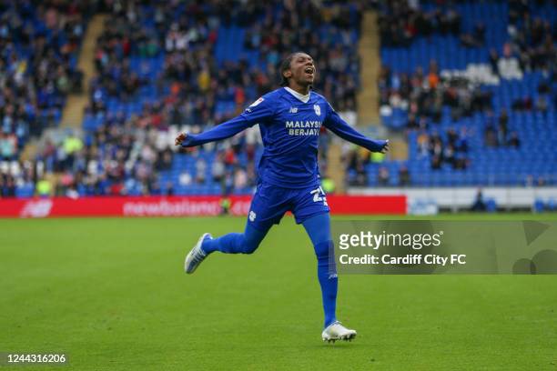 Jaden Philogene celebrates scoring the first goal for Cardiff City FC during the Sky Bet Championship between Cardiff City and Rotherham United at...