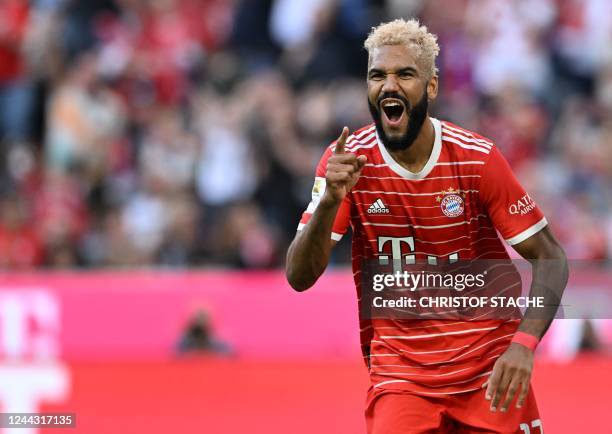 Bayern Munich's Cameroonian forward Eric Maxim Choupo-Moting celebrates after scoring the 6-2 goal during the German first division Bundesliga...