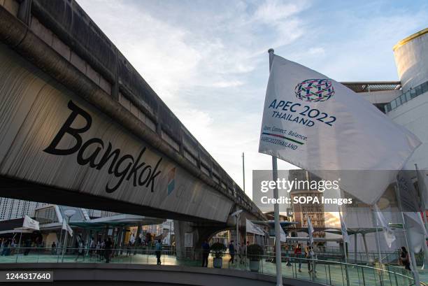 Flags are seen at the Pathumwan Skywalk in Bangkok. The Asia-Pacific Economic Cooperation summit 2022, scheduled to take place on 18 and 19 November...