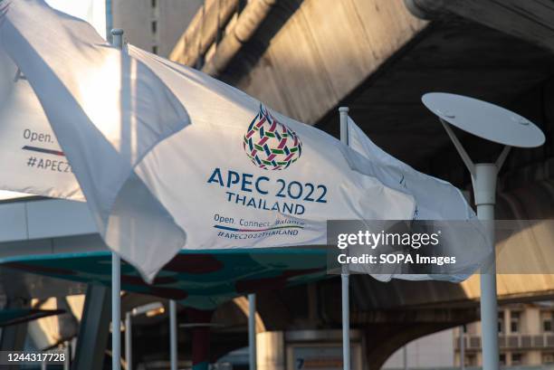 Flags are seen at the Pathumwan Skywalk in Bangkok. The Asia-Pacific Economic Cooperation summit 2022, scheduled to take place on 18 and 19 November...