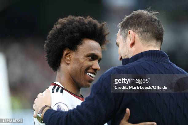 Willian of Fulham and Everton Manager Frank Lampard are reunited during the Premier League match between Fulham FC and Everton FC at Craven Cottage...