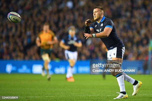 Scotland's number 8 Matt Fagerson passes the ball during the Autumn Nations Series International rugby union match between Scotland and Australia at...
