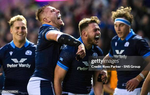 Ollie Smith celebrates his first half try during an Autumn Nations Series match between Scotland and Australia at BT Murrayfield, on October 29 in...