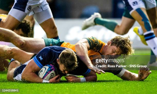 Ollie Smith scores a first half try during an Autumn Nations Series match between Scotland and Australia at BT Murrayfield, on October 29 in...