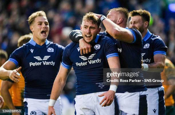 Ollie Smith celebrates his first half try with Matt Fagerson during an Autumn Nations Series match between Scotland and Australia at BT Murrayfield,...