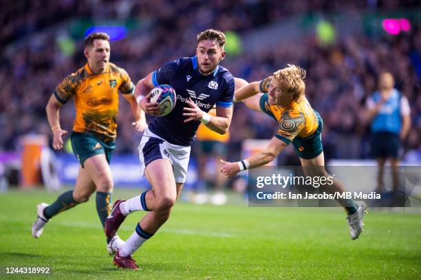 Scotland Full-back, Ollie Smith, bursts through the visitors defence to put the Scots 5-0 ahead during the Autumn International match between...