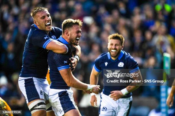 Ollie Smith celebrates his first half try with Matt Fagerson during an Autumn Nations Series match between Scotland and Australia at BT Murrayfield,...