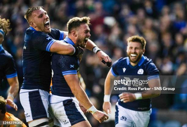 Ollie Smith celebrates his first half try with Matt Fagerson during an Autumn Nations Series match between Scotland and Australia at BT Murrayfield,...