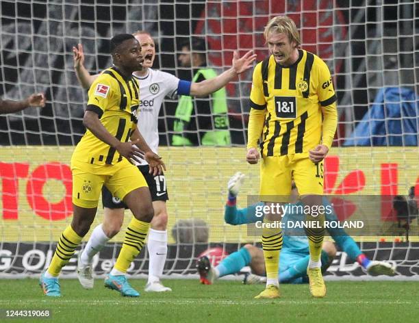 Dortmund's German midfielder Julian Brandt celebrates after scoring the 0-1 goal during the German first division Bundesliga football match Eintracht...